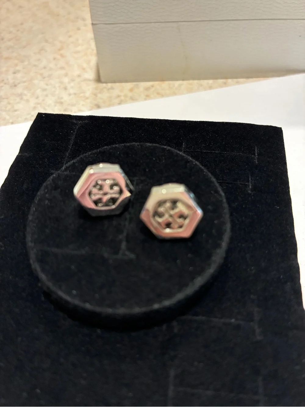 Tory Burch Silver Hexagon Logo Stud Earrings